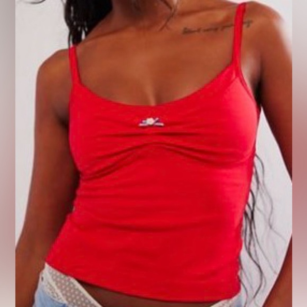 FREE PEOPLE Wear it Out Tank Red Spaghetti Strap Cami Top Blue Bow Size XL